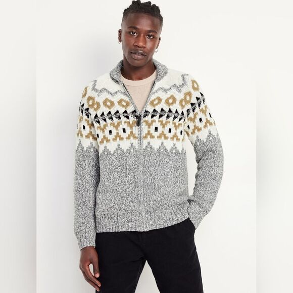 Old Navy Fair Isle Zip Cardigan Sweater gray fair isle large tall - Picture 1 of 4